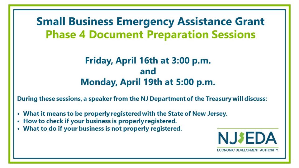 Applying for NJEDA COVID GRANTS?  Attend one of the NJEDA’s Phase 4 Document Preparation Sessions!